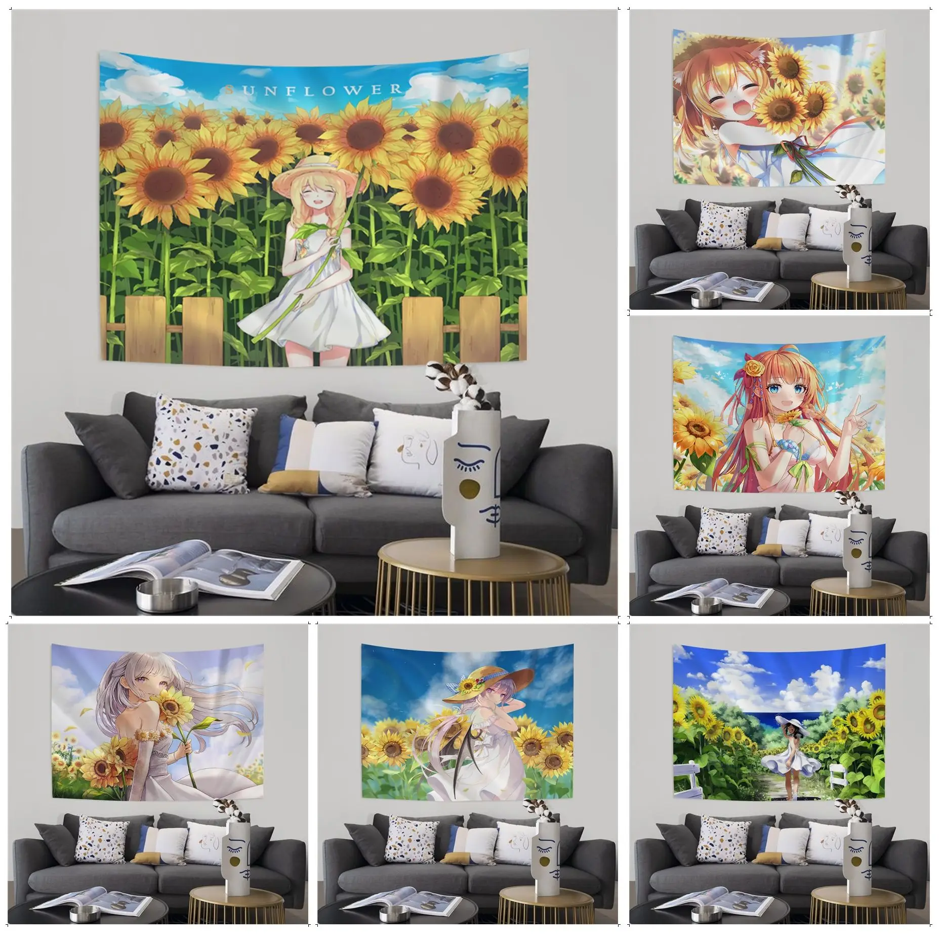 

Sunflowe Anime Girl Anime Tapestry Hippie Flower Wall Carpets Dorm Decor Wall Hanging Sheets