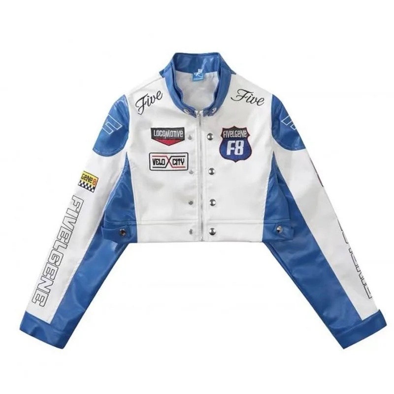 1pcs Womens PU Leather Short Baseball Jackets Coat 2022 Faux Fur Embroidery Splicing Zipper Ladies Skinny Locomotive Small Coats