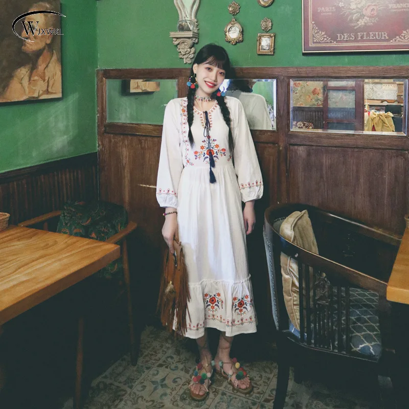 

2022 этническое Ретро Вышивка гофрированная завязывающаяся Талия хлопчатобумажное льняное праздничное платье белый желтый 4 цвета