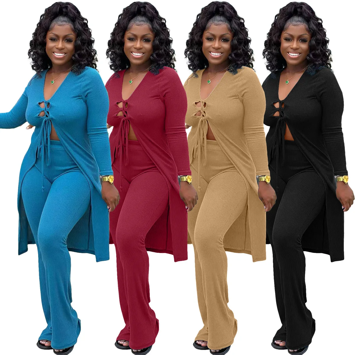 

Женский трикотажный спортивный костюм, однотонный Кардиган со шнуровкой и длинными рукавами и широкие брюки, Повседневная Уличная одежда 2022