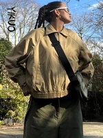 yikuo fall 2022 khaki cargo style bomber jackets coats women bat sleeved zip up pockets stitch vintage casual street outwear