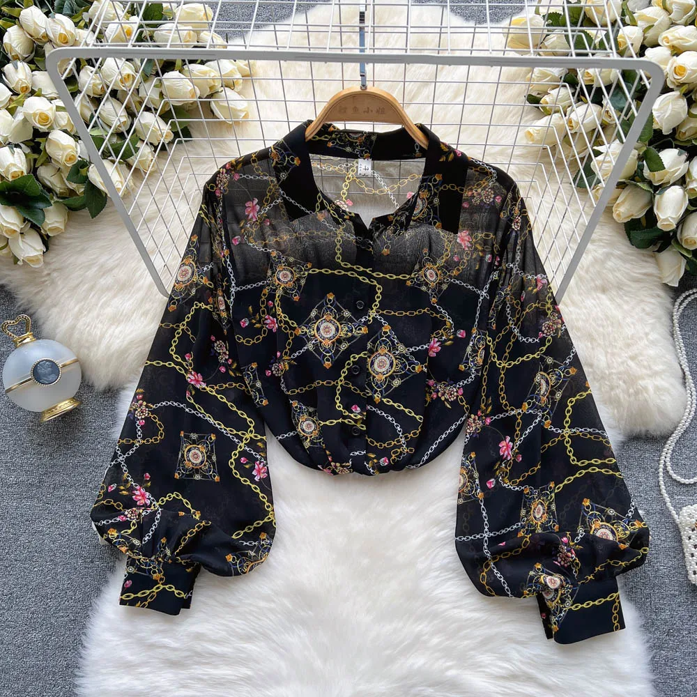 

VANOVICH Summer New Temperament Lantern Sleeve Fashion Printing Chiffon Shirt Women Lightweight Polo-Neck Straight Casual Shirts