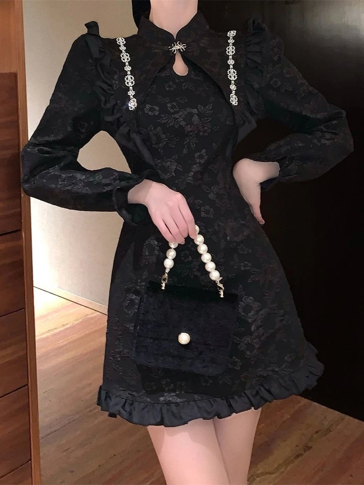 

Fashion Vintage Preppy Style Floral Dress Women Cheongsam Long Sleeve 2022 Retro Ruffles White Elegant Party Mini Short Dresses