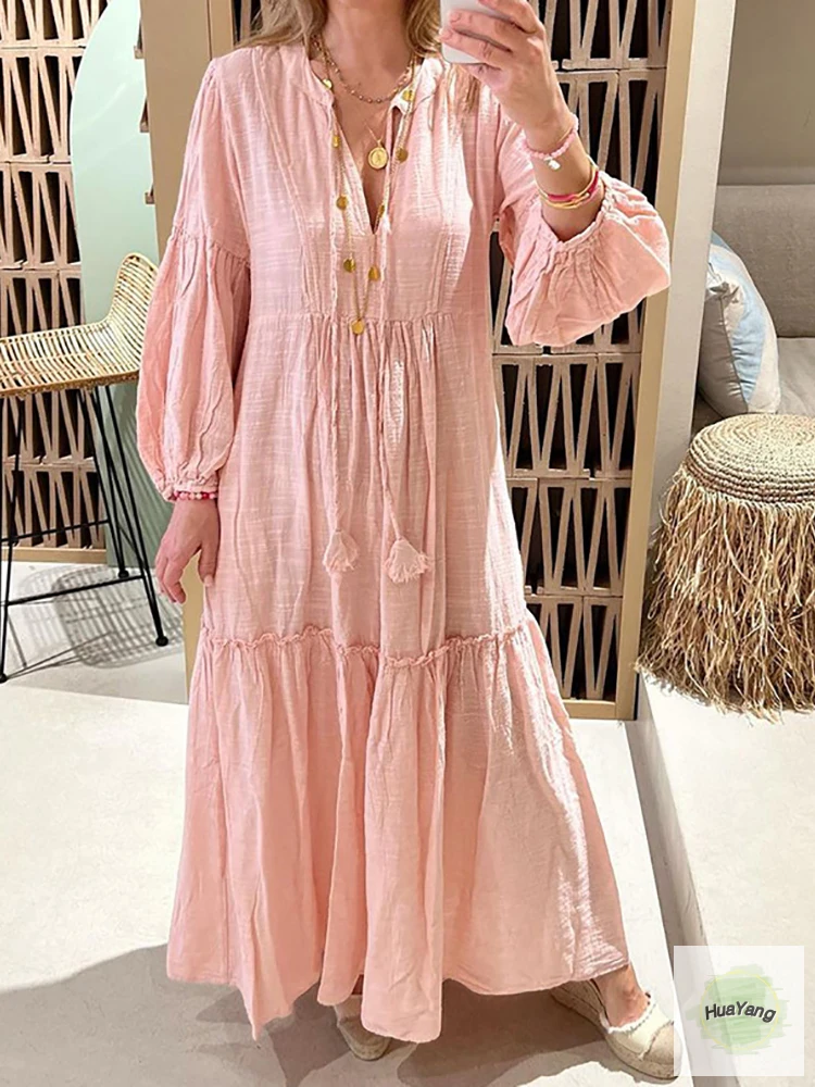 

Women Spring Summer V-Neck Holiday Solid Maxi Dress Loungewear Puff Sleeve Bohemian Ladies Party Dress Streetwear Dropshipping