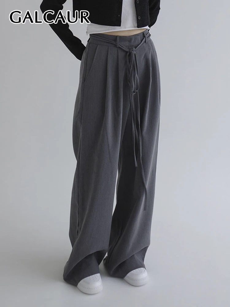 

GALCAUR Plain Pant For Women Lace Up Mid Waist Fold Pleated Pockets Straight Loose Casual Pants Female 2022 Spring Clothing New