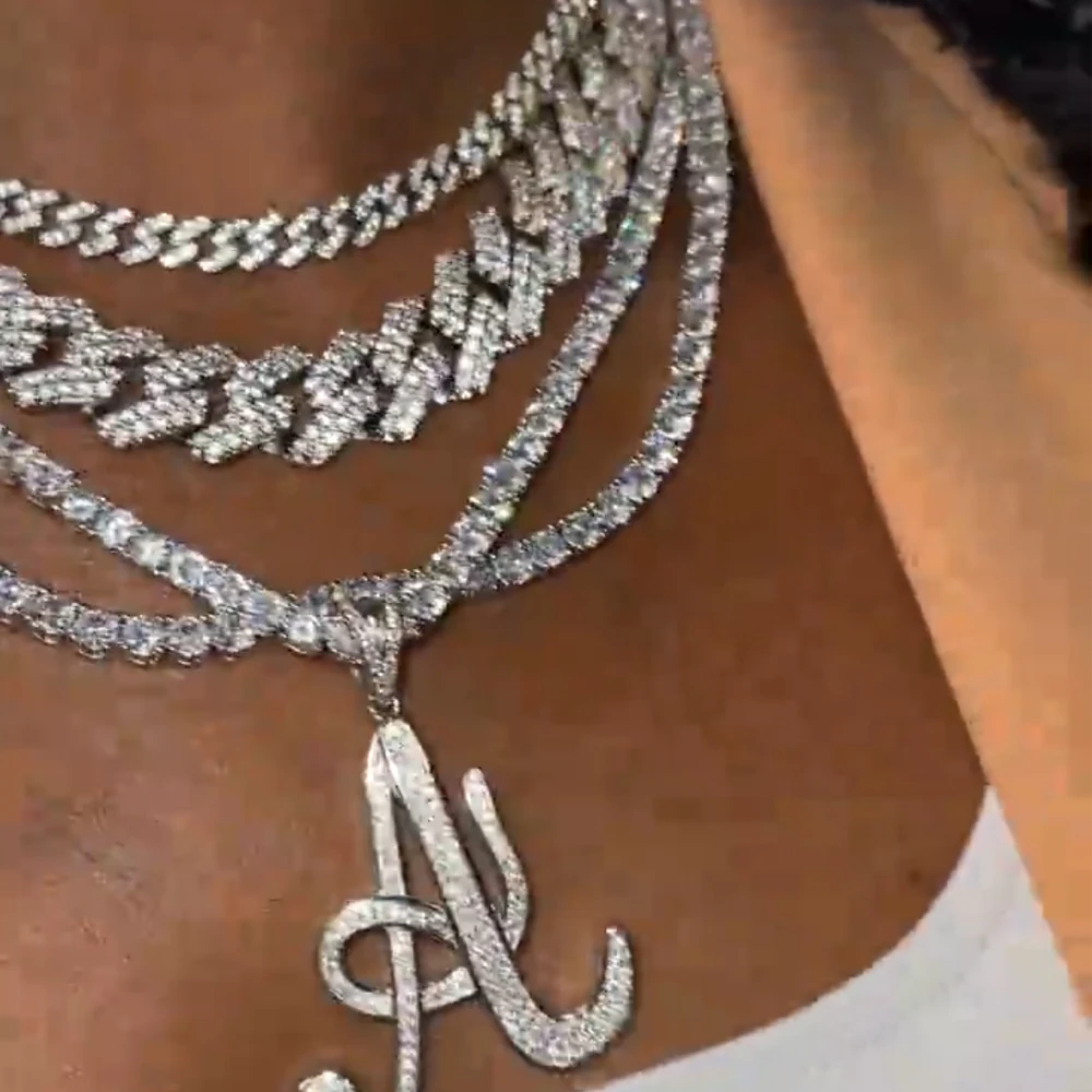 

2Pcs Trendy Bling Cursive A-Z Letter Tennis Chain Necklace For Women Iced Out Cuban Link Initials Necklaces Hiphop Jewelry Gift