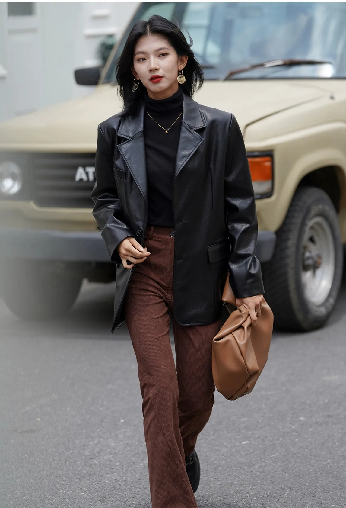 Black Suit, Leather Coat, Female Senior, Autumn  Winter, Medium  Long Style, Fashionable Motorcycle Coat, Female Cool Formal