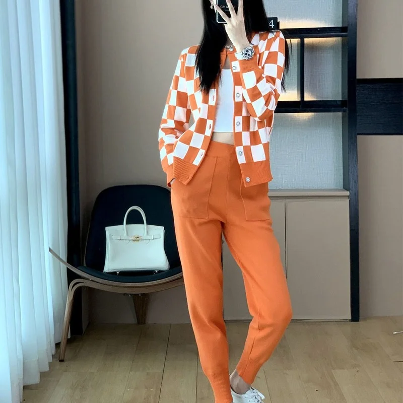 

New Spring V-Neck Single Breasted Knit Cardigan Suits Women Elegant Knitwear Wide Leg Pants 2 Piece Sets Womens Outfits E405