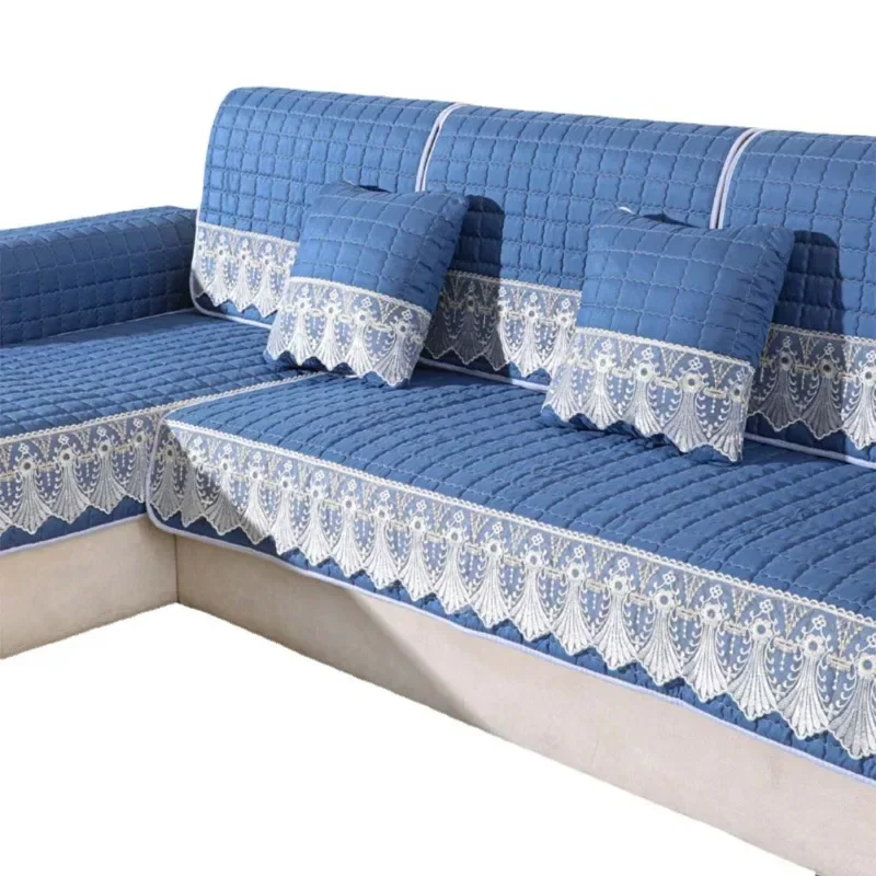Хлопковый стеганый чехол для дивана цветочный синий клетчатый секционный