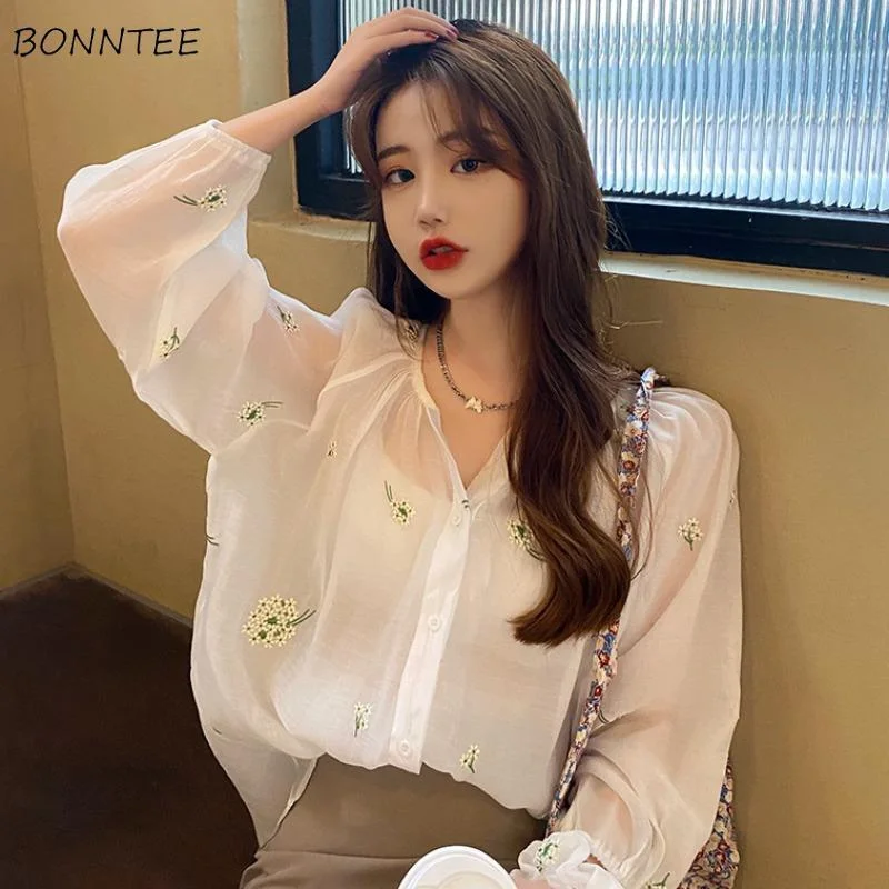 

Shirts Women Retro Chiffon Thin Tender Sheer Chic Female Hot Sale Summer V-neck Sun-proof Holiday Harajuku Stylish Breathable