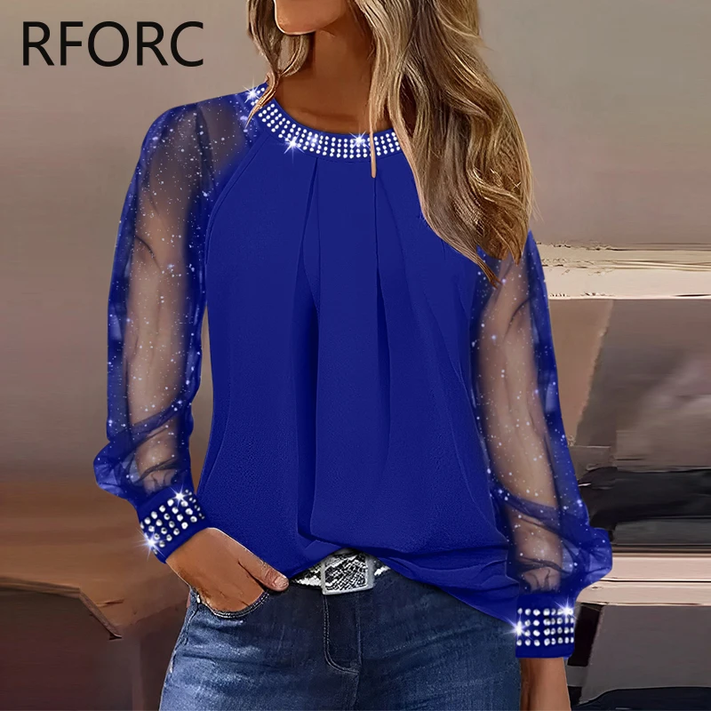 Женская блестящая блузка с круглым вырезом повседневный черный топ 2023