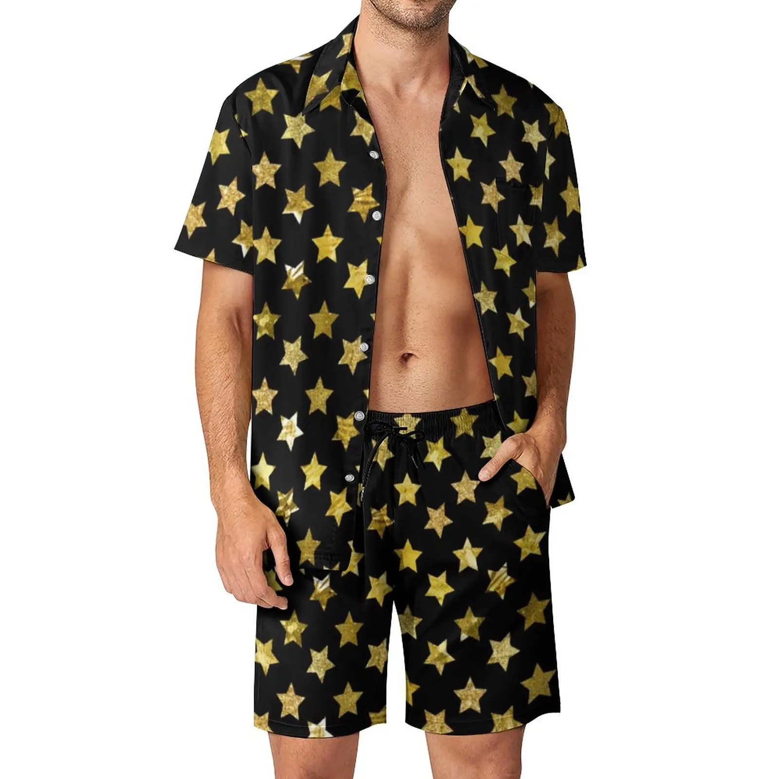 

Shiny Stars Print Men Sets Gold Star Casual Shirt Set Retro Beachwear Shorts Summer Suit 2 Piece Plus Size 2XL 3XL