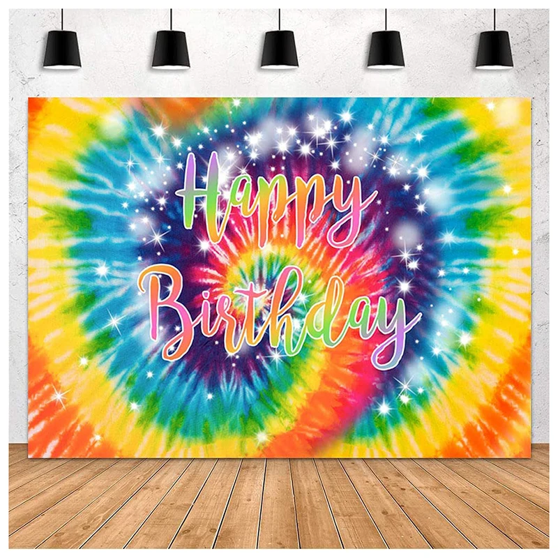 

Tie Dye Rainbow Backdrop Happy Birthday Party Macaron Pastel for Girls Photography Background Dessert Table Banner 60's Hippie