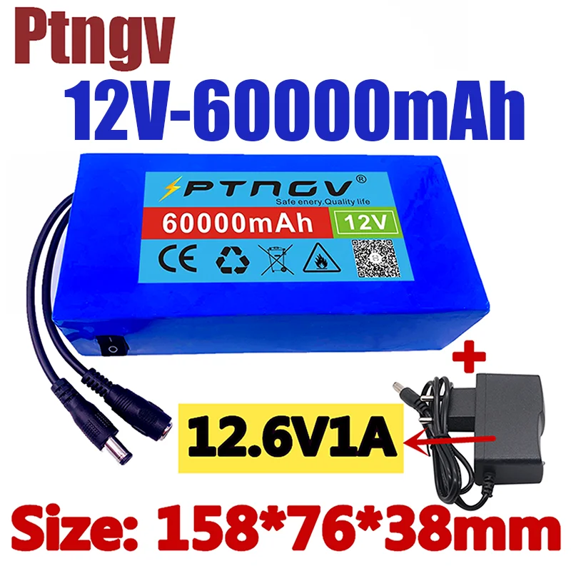 

100% New Portable 12V 60000mAh Lithium-ion Battery pack DC 12.6V 60Ah battery With EU Plug+12.6V1A charger