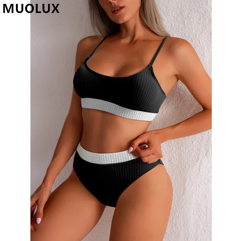 

Women's Swimsuit 2022 New Ribbed Patchwork Color Style Adjustable Shoulder Straps Mid Waist Push Up Summer Female Bathing Suit