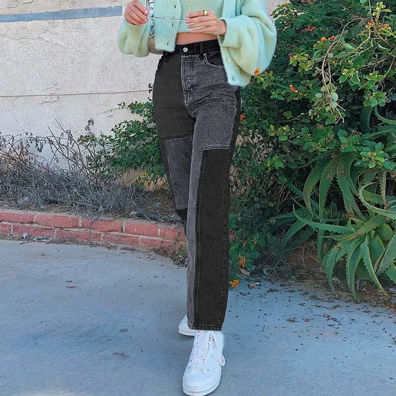

Pockets Matching Color Block Patchwork Baggy Jeans Fashion Streetwear Women Denim Trouser Casual Loose Pants Korean Harajuku 4