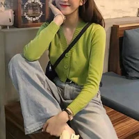 autumn female cardigan long flare sleeve short sweater summer women ribbed knitted cotton tops 35 buttons soft thin outwear
