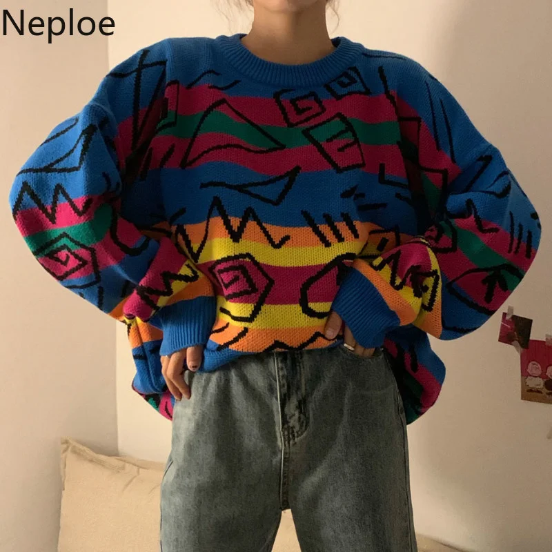 

Neploe Chic Retro Crazy Style Loose Pull Femme Graffiti Lover Rainbow Striped Knit Sweater O Neck Long Sleeve Patch Pulllover