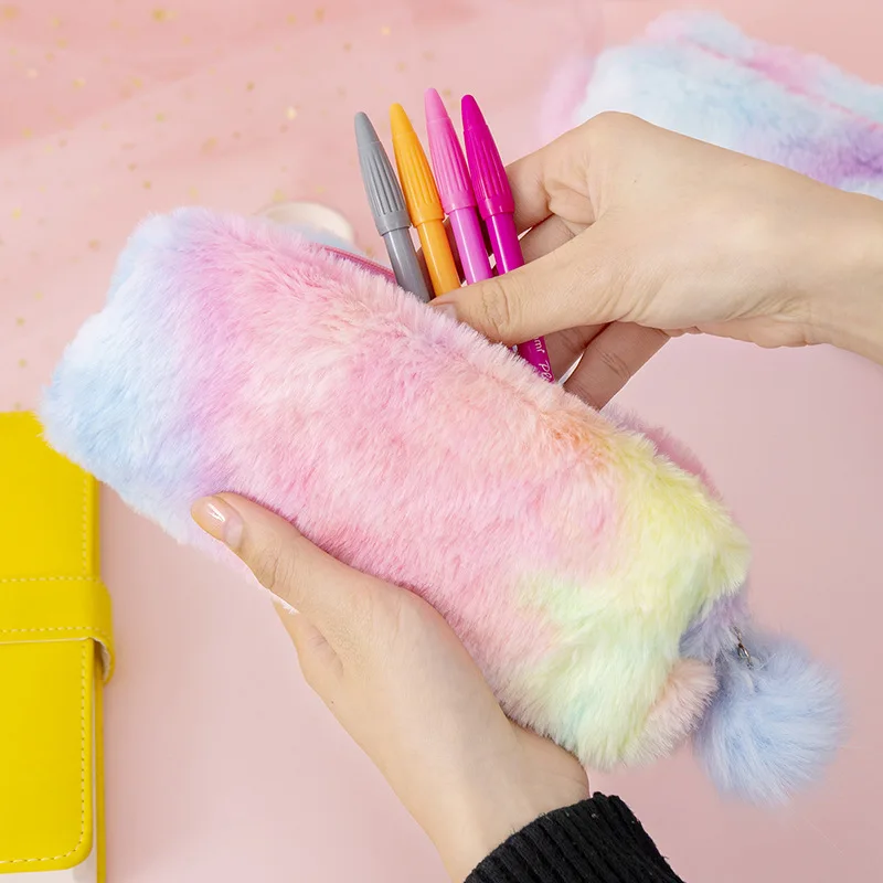 

Plush Pencil Case For Girls Kawaii Gradient Color Stationery Storage Bag Zipper Pencil Bag School Office Pouch Purse Storage