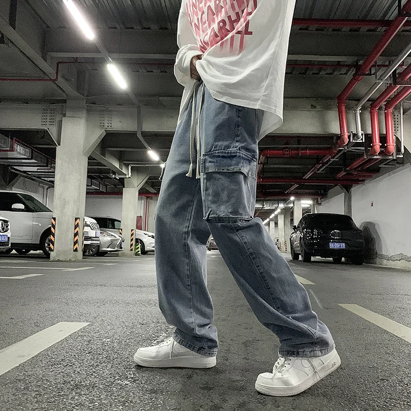Drawstring Cargo Jeans Men Fashion Retro Pocket Jeans Men Japanese Streetwear Hip Hop Straight Denim Pants Mens Trousers M-3XL