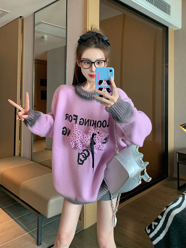 Фиолетовый трехмерный пуловер для щенков женский свитер на осень и зиму 2024 новый