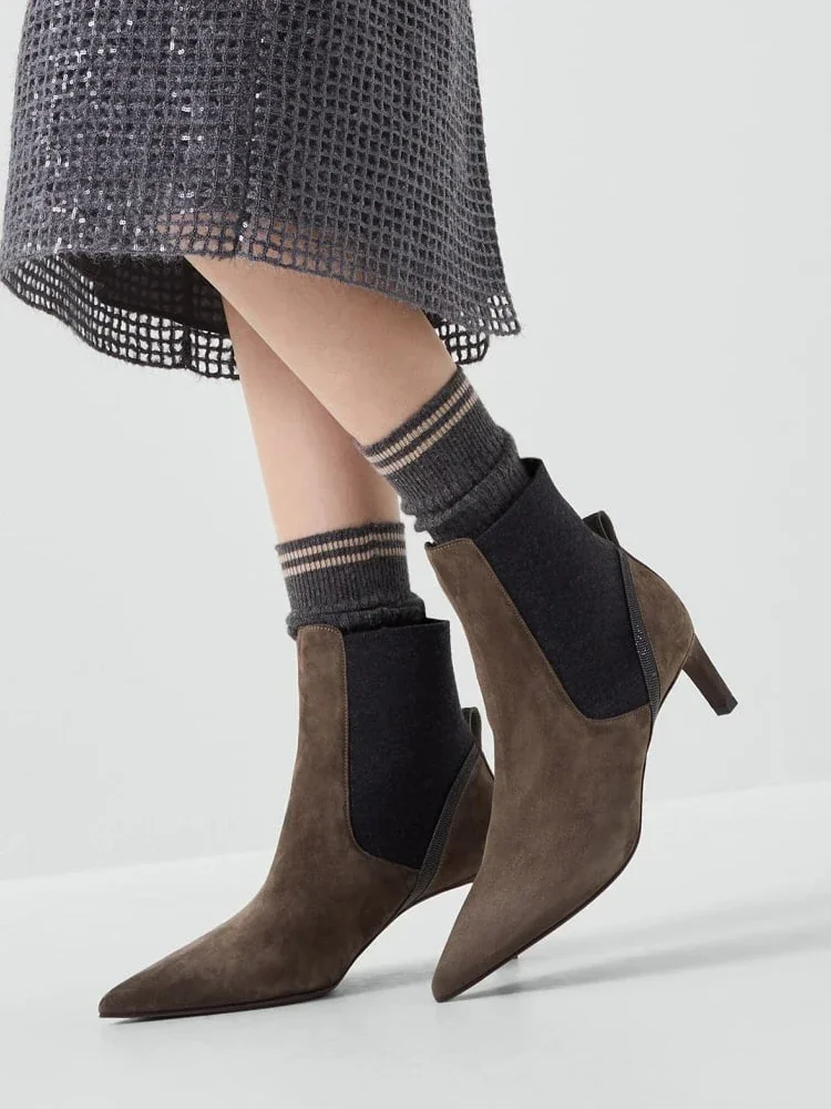 

B*C Ankle Boots Solid Color Thin Heels Women Pointed Toe Elastic Suede Short Boots Autumn Office Lady High Heel