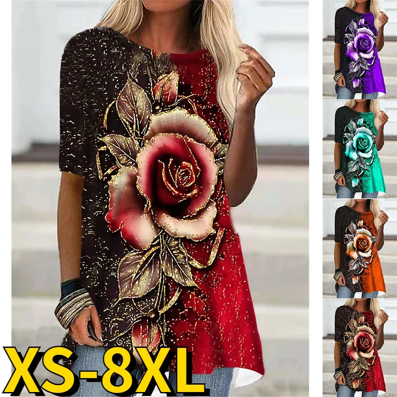 

2023 New Summer Daily Street Tops Round Collar T-shirt Retro Flower Printing Pullover Loose Tee Shirt Women Elegant Long Sleeve