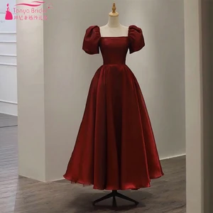 Dark Red Tea Length Women Fashion Evening Dresses Square Neck Puff Sleeve charming Prom Gowns ZE119