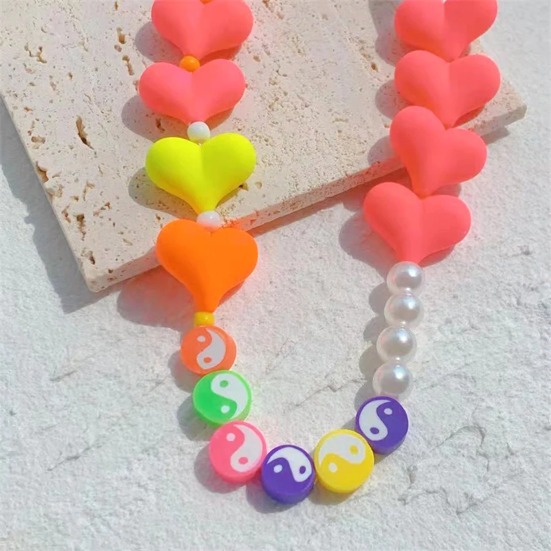 Colorful Heart Pearls Key Chain Ladies Fashion Cute Romantic Vintage Keychain Charm Korea 90s Aesthetic Bag Phone Chain Gift New