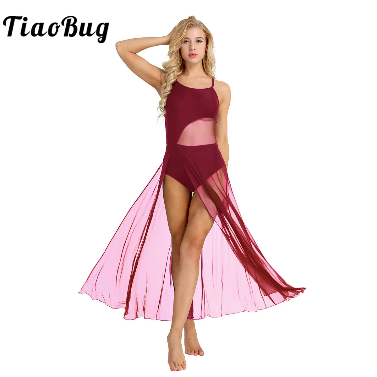 

Womens Sleeveless Ballet Dress Mesh Splice Leotards Asymmetrical Modern Contemporary Lyrical Performance Costume