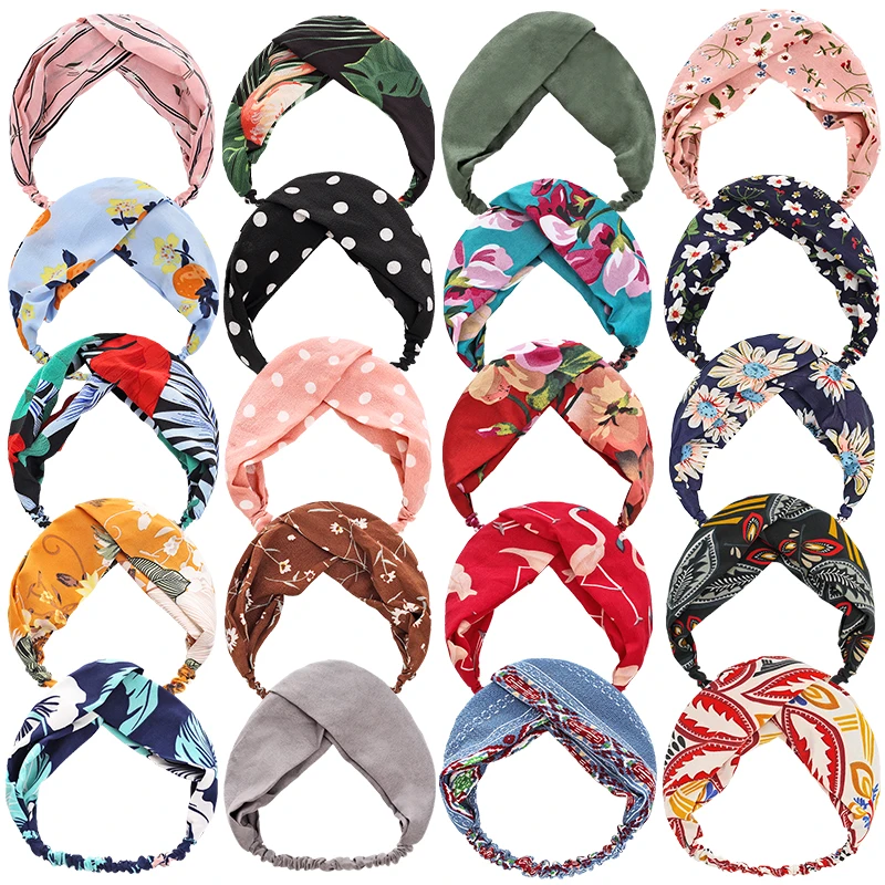 

2021 Women Bohemian Bandanas Summer Print Headbands Retro Cross Turban Summer Print Headwear Headdress Banage Hair Accessories