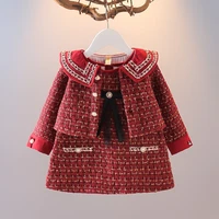 autumn winter clothes for girls korean turn down collar long sleeve button jackettank dress two piece set girl red clothing set