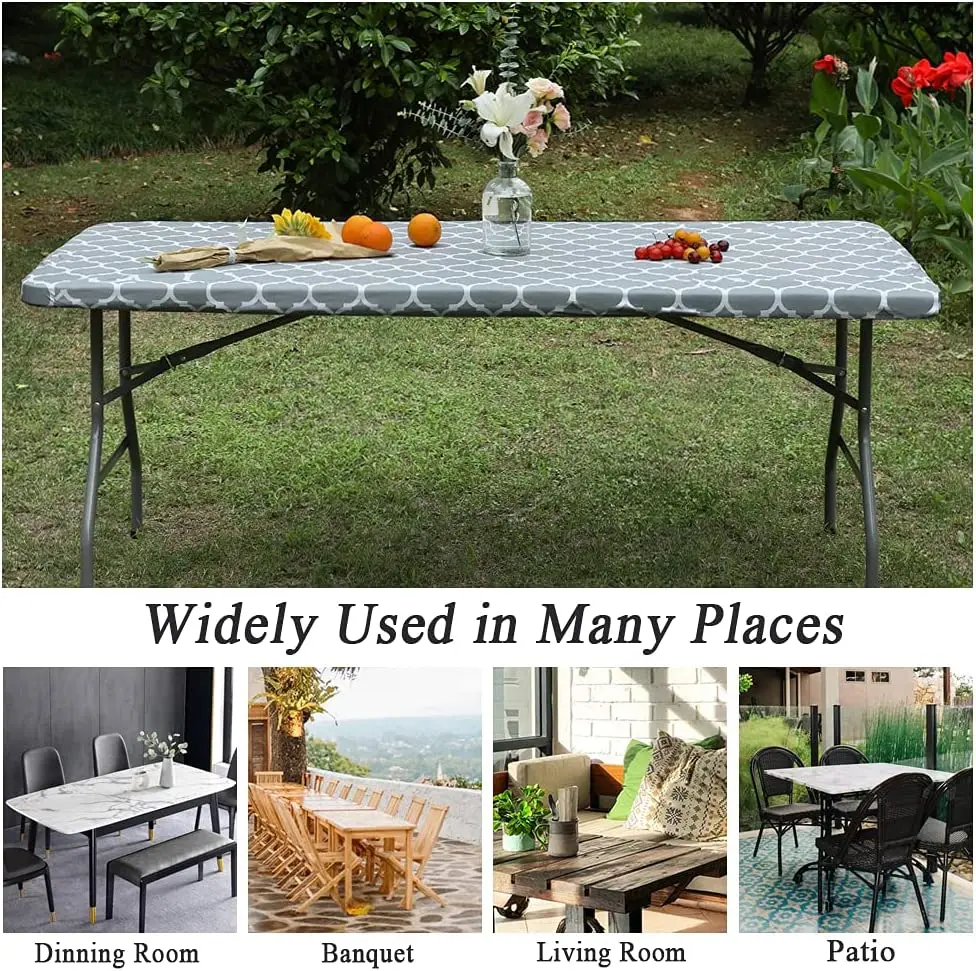 Elastic Fitted Vinyl Waterproof Tablecloth Flannel Backing Rectangle Table Cover Folding Table Wipeable TableCloth Outdoor Party images - 6