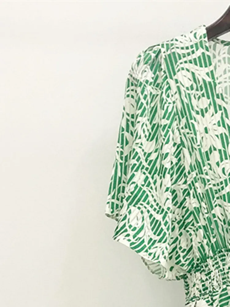 

Женское платье в полоску, зеленое асимметричное платье миди с цветочным принтом, V-образным вырезом и поясом на резинке, лето 2023