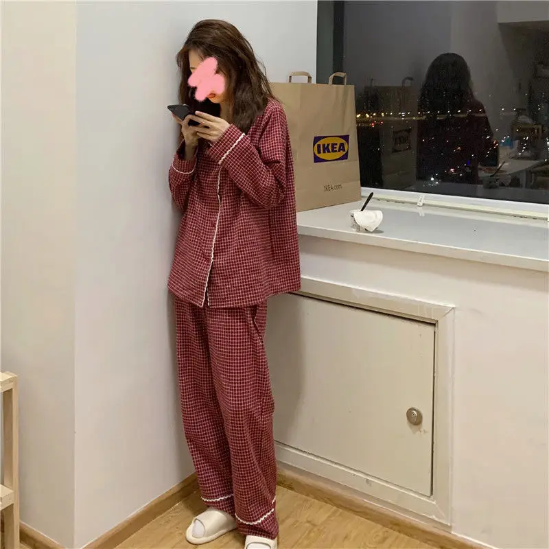 Japanese Pajama Women Long Sleeved Autumn Winter Sleepwear Set Red Plaid Pyjamas Girls Home Clothes for Female 2021 Homewear
