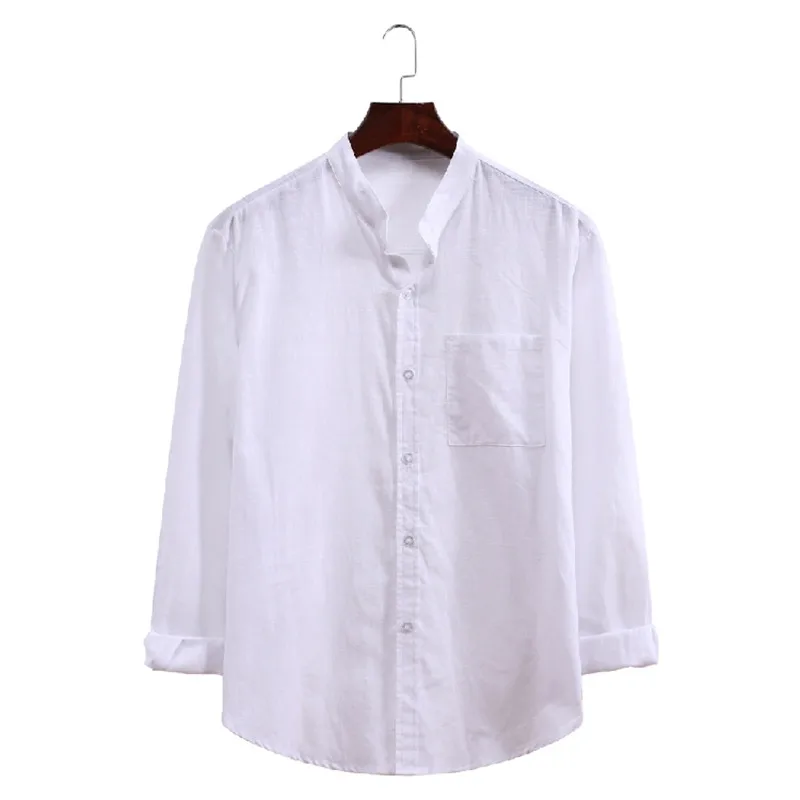 Men's casual long sleeve shirt large size shirt men's cotton and linen casual slim pure color stand collar shirt