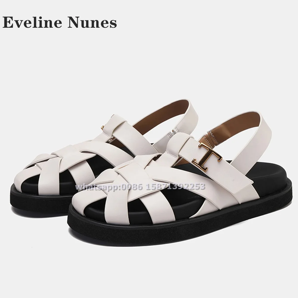 Сандалии с открытой пяткой плетеные босоножки металлической пряжкой круглый