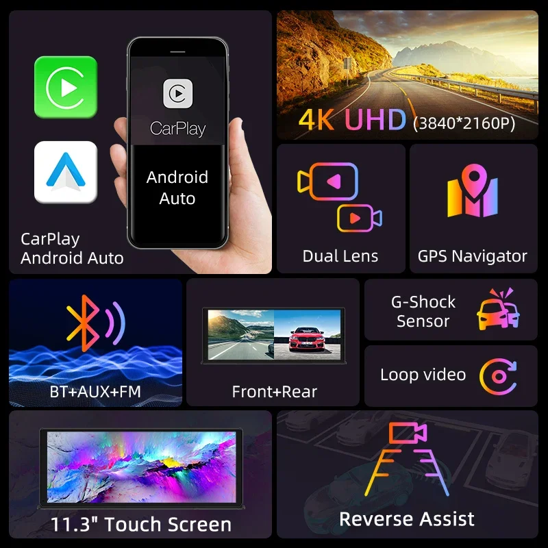 11 3-дюймовый оригинальный автомобильный стиль 4K Dash DVR Беспроводной CarPlay Android Auto