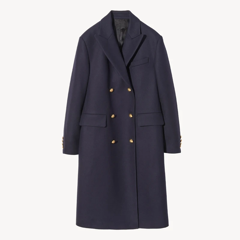 Классическое темно-синее Женское шерстяное пальто-двубортное зимнее теплое