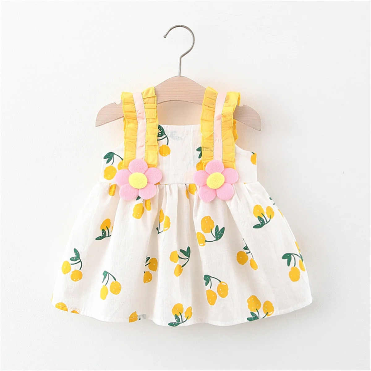 

Summer Baby Girl's Dress New Cherry Print Lace Strap Sleeveless Daily Knee Length Dress