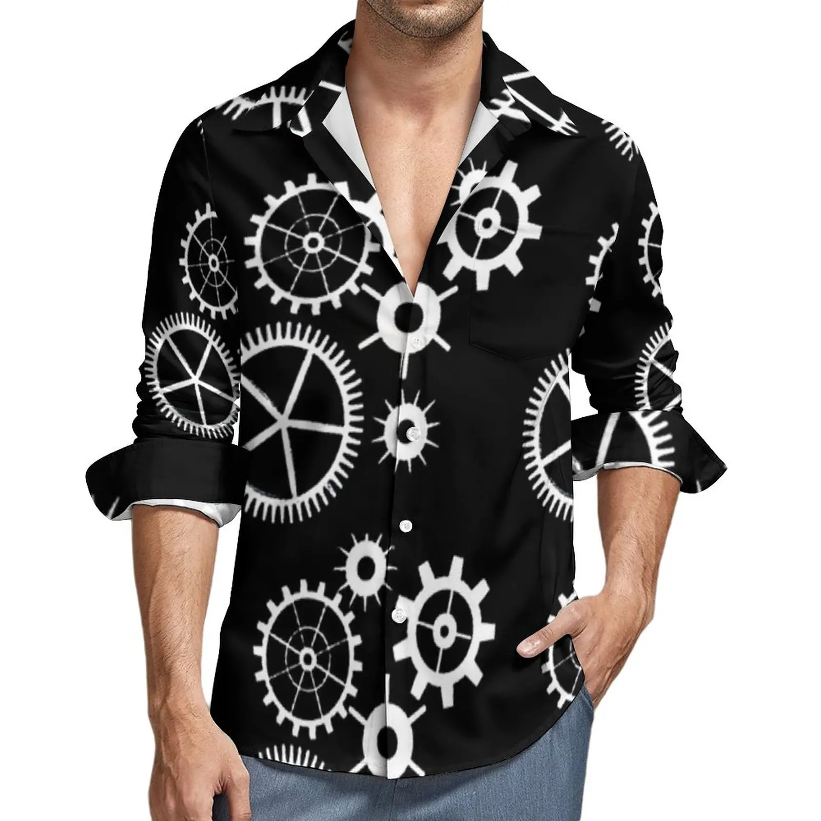 

Steampunk Black White Shirt Technology Gears Monochrome Casual Shirts Long Sleeve Street Blouses Autumn Trending Oversized Tops