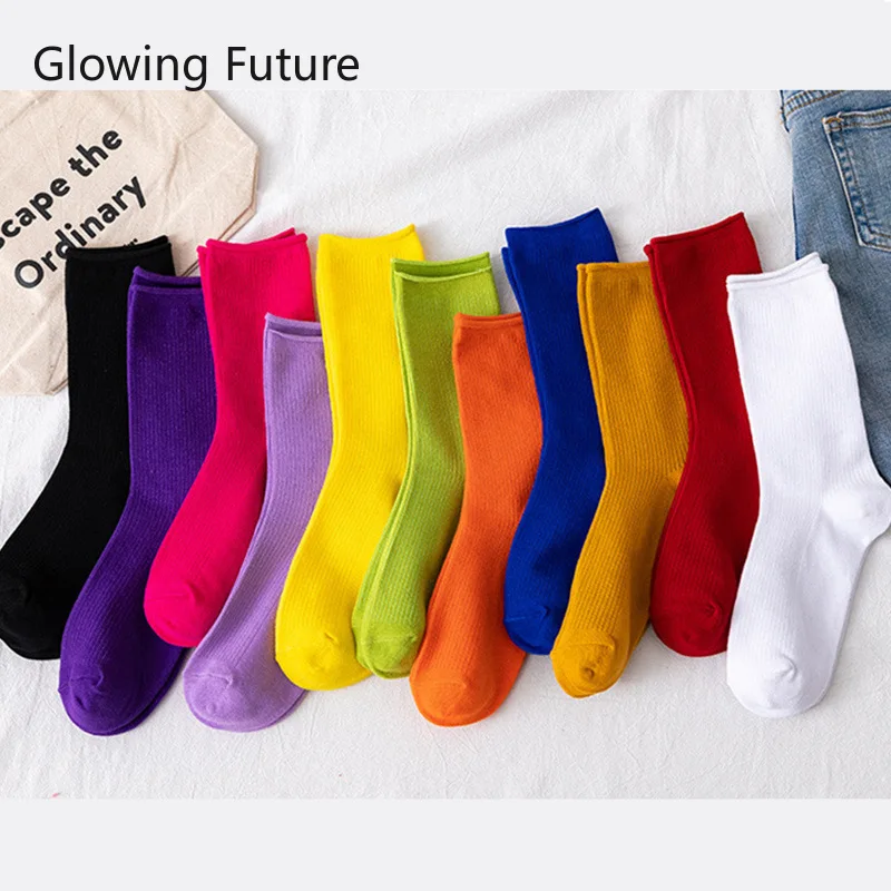 

Glowing Future Fashion Sring Cotton Candy Color Women Socks Kawaii Japanese Style Harajuku Cute Socks Long Slouch Crew Sokken