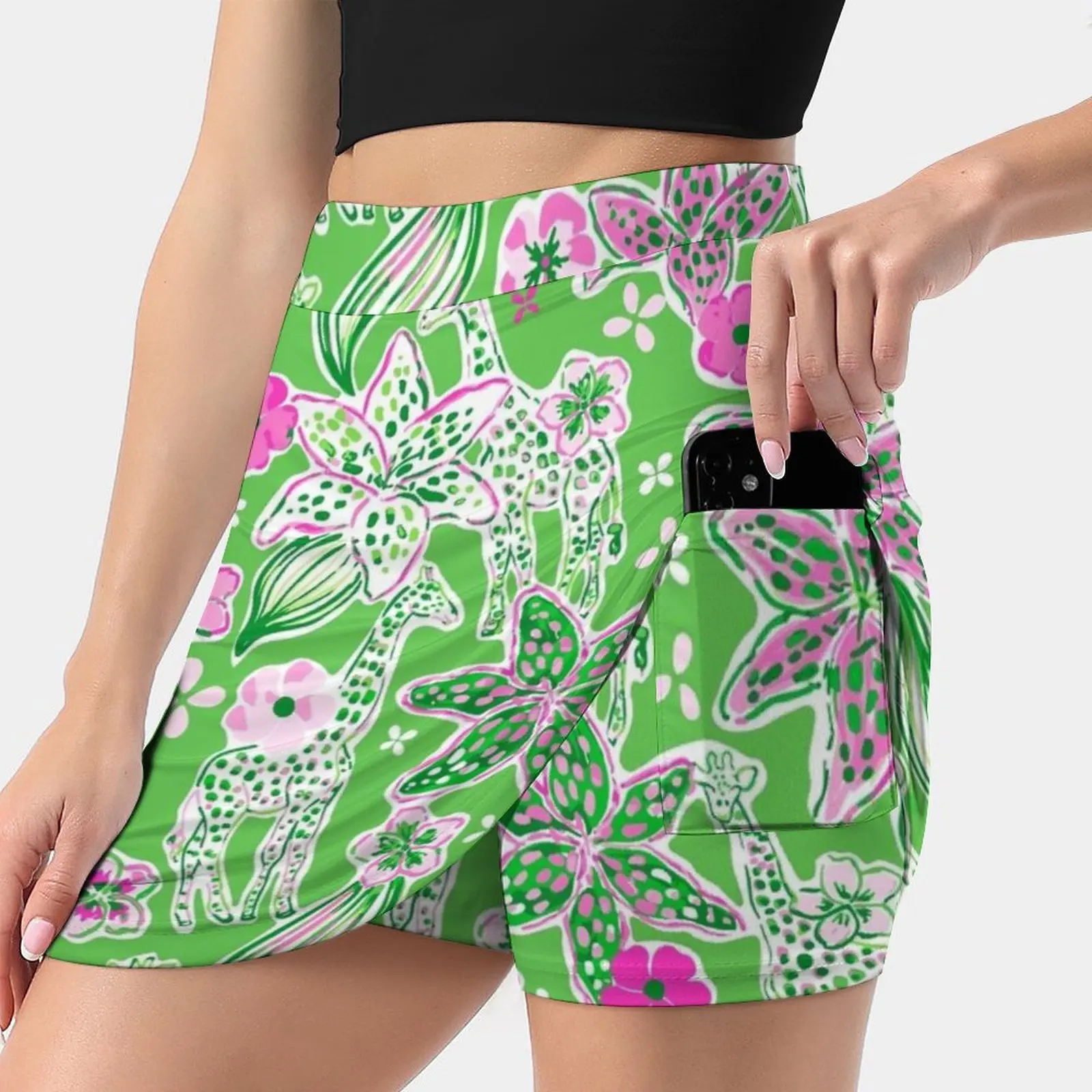 

Preppy Pink Lime Green Giraffe Pattern Women's skirt With Pocket Vintage Skirt Printing A Line Skirts Summer Clothes Preppy