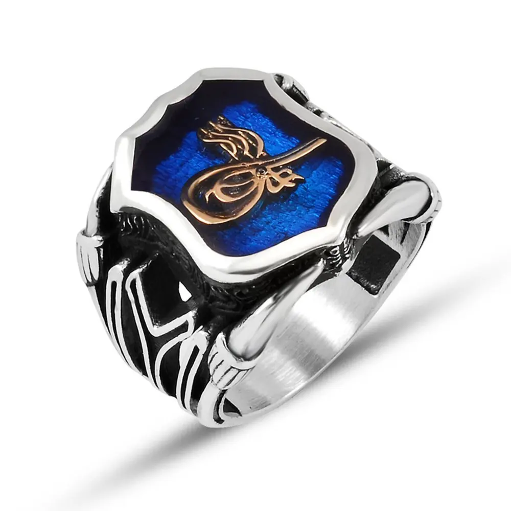 

Kayi Length Embroidered Tuğra Motif Enamel 925 Sterling Silver Men 'S Ring