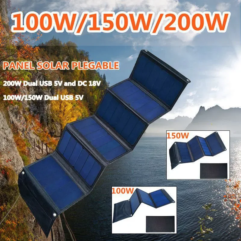 

2023NEW 200W/150W/100W Foldable Solar Panel Bag Dual USB 5V Solar Charger Solar Cell Portable Outdoor Mobile Power for Camping H