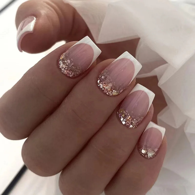 

24pcs Shimmer Halo Glitter Shards Nails Decals Square French Natural Nude Pink False Nail Artificial Nail Full Cover Wearable