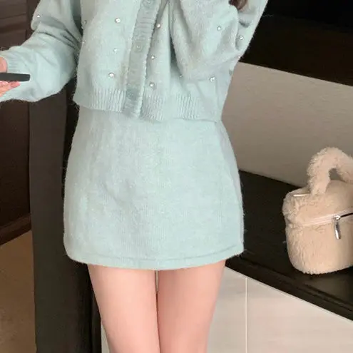 Korejpaa синяя женская одежда короткий вязаный свитер с бриллиантами