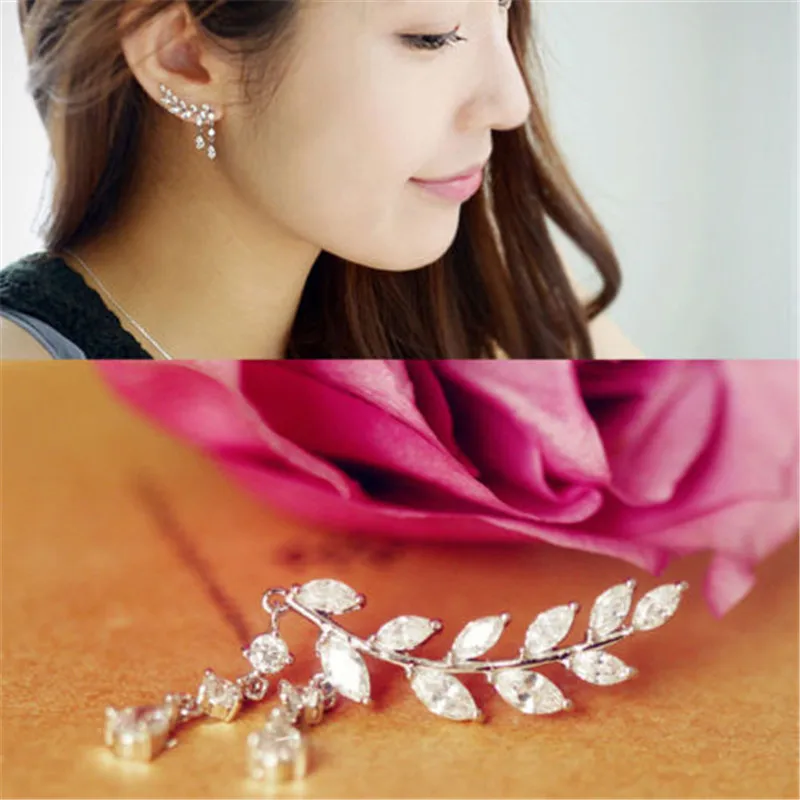 Модные циркониевые серьги-гвоздики в виде листьев 2 цвета современном стиле