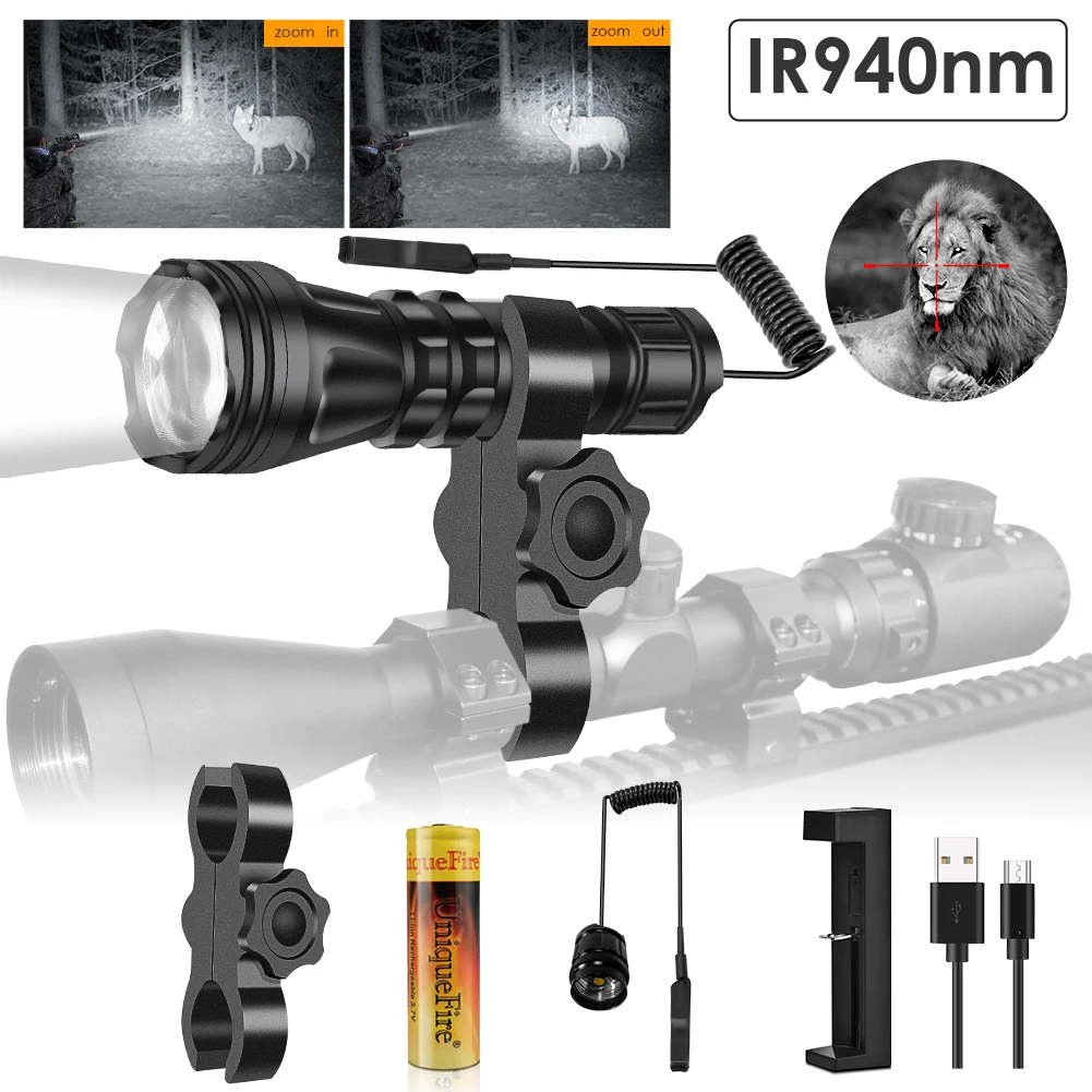 UniqueFire Upgraded 2001 940nm 3W LED Tactical Flashlight Night Vision Adjustable Focus Infrared Light with 3 Modes for Hunting