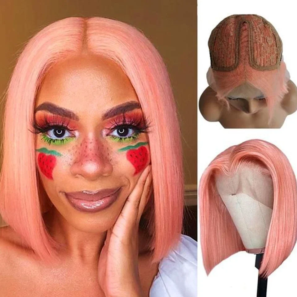 

Pink Short Bob 13x4 Lace Front Wig Transparent Pre Plucked Brazilian Remy Human Hair 4x4 Closure Wigs Glueless Women 200 Density